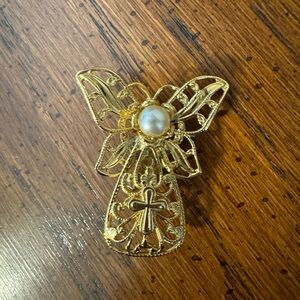 VINTAGE JANE DAVIS GOLD-TONE ANGEL PIN WITH CROSS